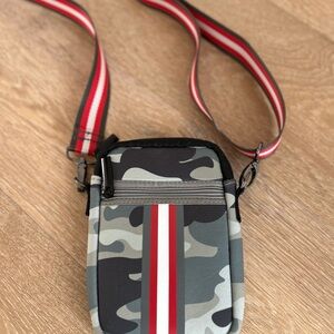Camouflage Crossbody Bag with Red Stripe